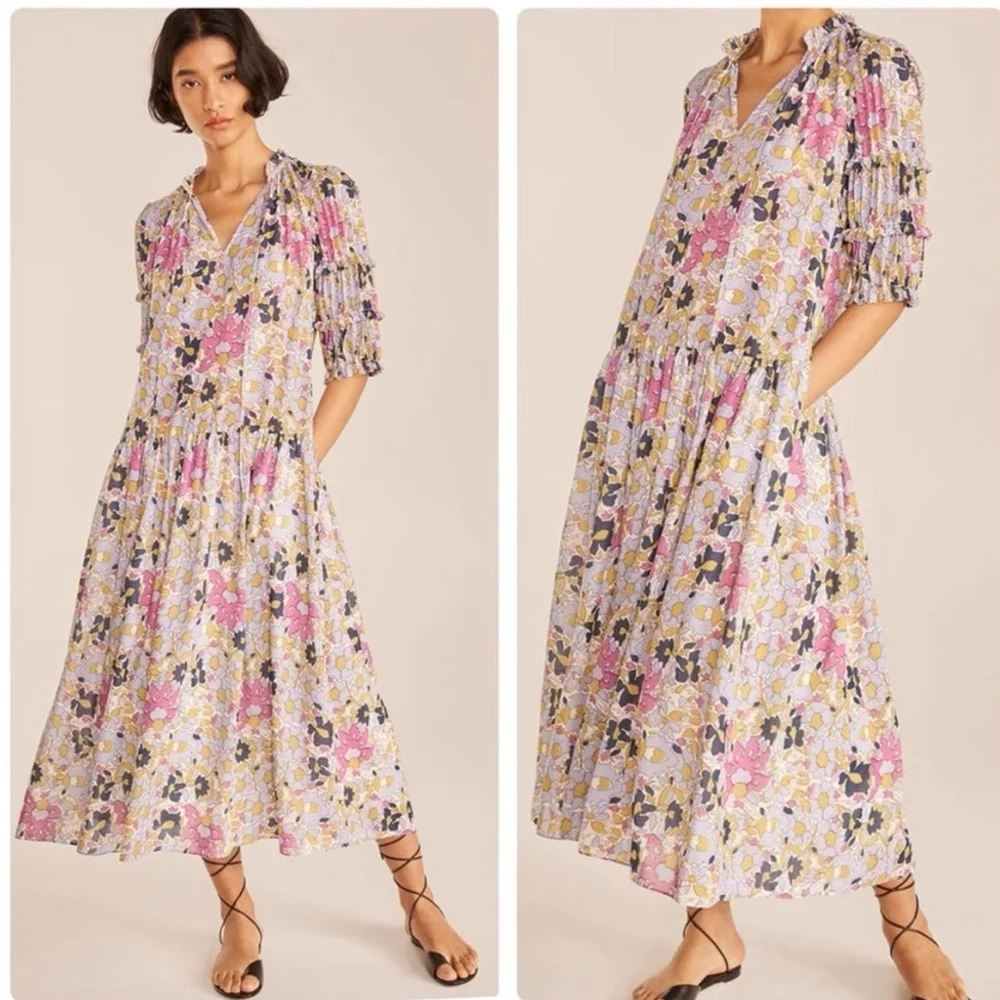 Rebecca Taylor Passion Flower Pleated Puff Sleeve Midi Dress Women's Small